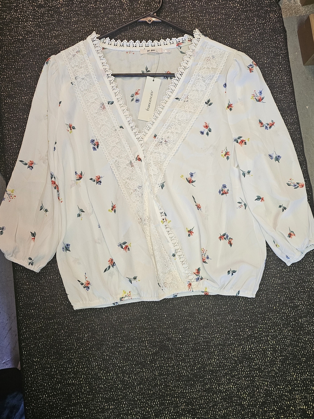Francesca's Collections White Floral Lace-Trim Wrap Blouse